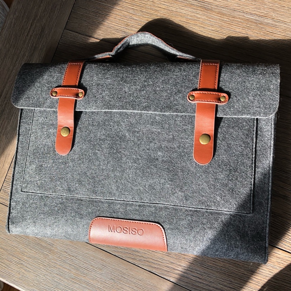 Felt, suede, and vegan leather laptop bag